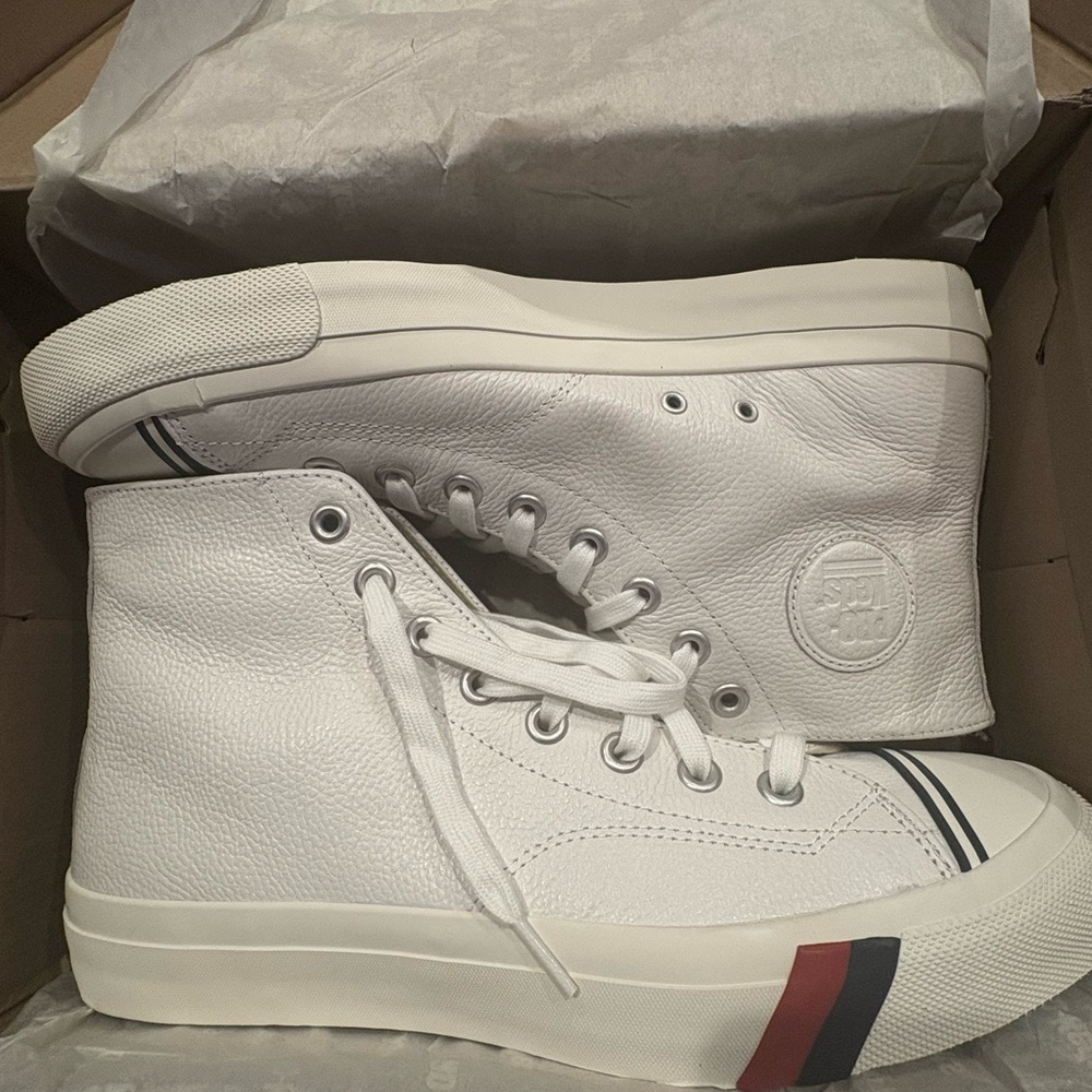 Classic White High-Top Sneakers with Navy and Red Accents